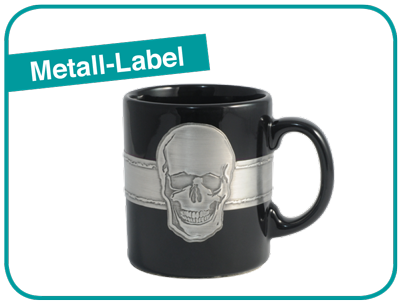 Metall-Label auf der Tasse passend zur Werbetasse