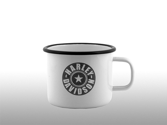Emaille Tasse Becher mit Logo, eigenem Motiv, Design Wunsch - Druck oder Gravur Emaille Tasse bedrucken, lasern, Logo anbringen, farbige Emaille blau, rot, schwarz, grün, gelb