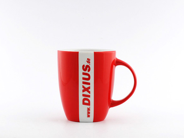 Werbetasse farbig in rot mit Gravur, Werbeartikel Qualität, Hersteller, Manufaktur Made in germany, hochwertig, Marktführer Spitzenreiter,